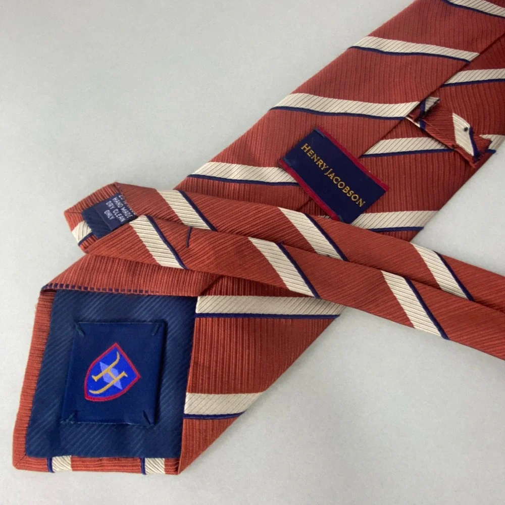 Henry Jacobson Silk Wool Striped Tie Rust Orange Cream Navy Handmade‎ 59.5x4